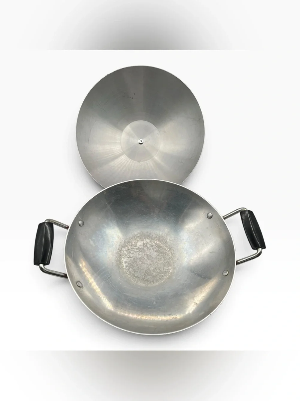 Vintage mid century modern Alluminum Wok Red Greek Key Round Bottom Stovetop Pan